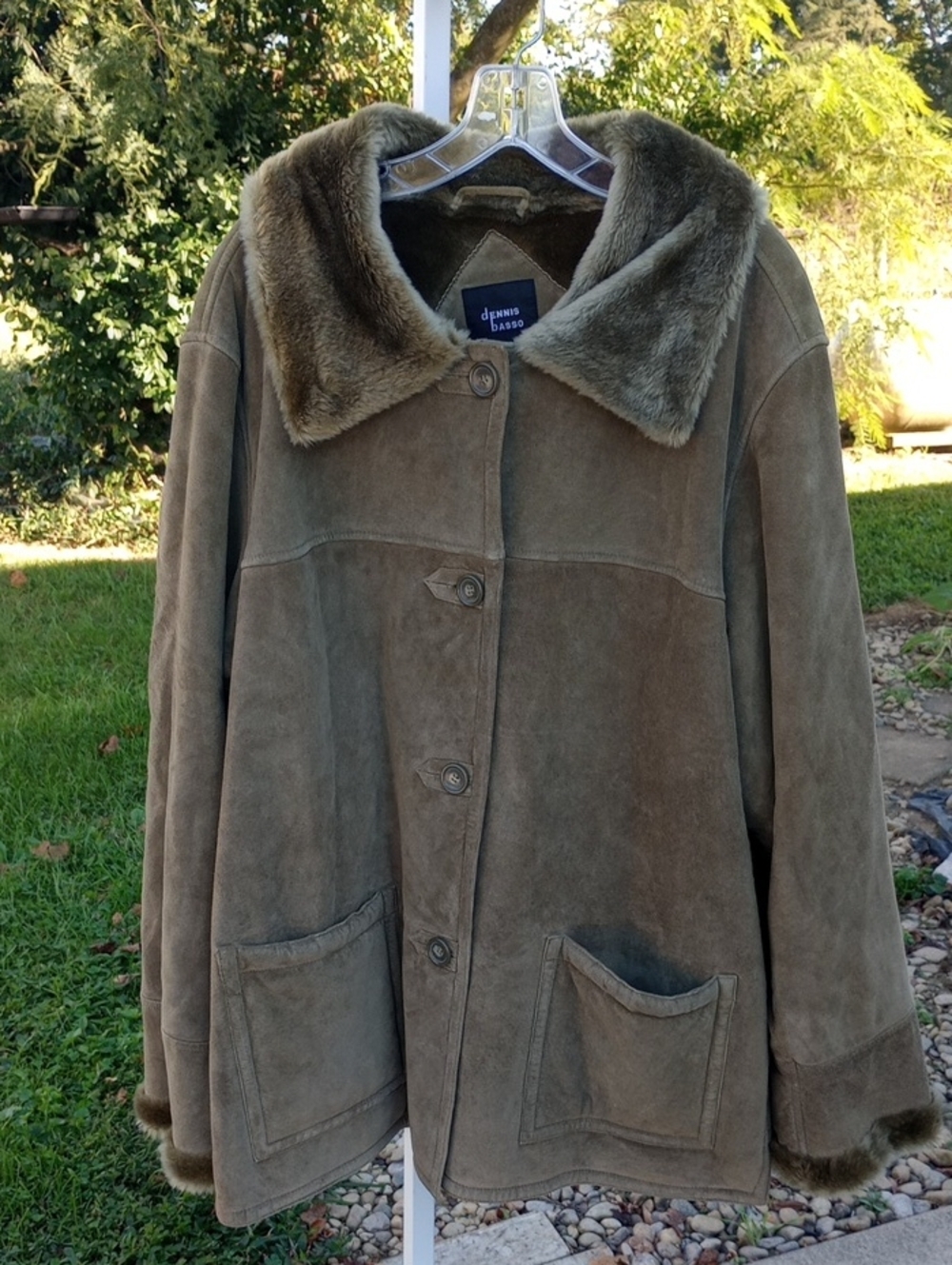 Dennis Basso Olive Green Suede Coat with Faux Fur 1X Genuine Leather